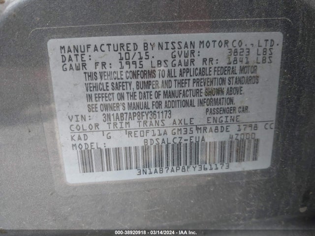 Nissan SENTRA S 2015 3N1AB7AP8FY361173 Image 9