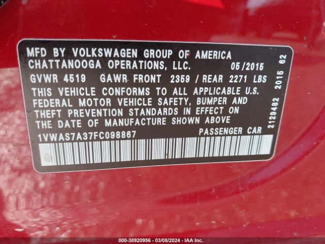 1VWAS7A37FC098867 Volkswagen Passat 1.8t S