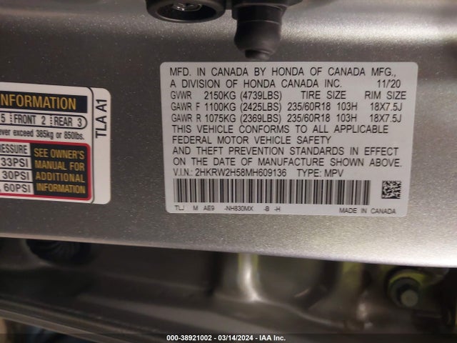 Honda Cr-v Awd Ex 2021 2HKRW2H58MH609136 Image 9