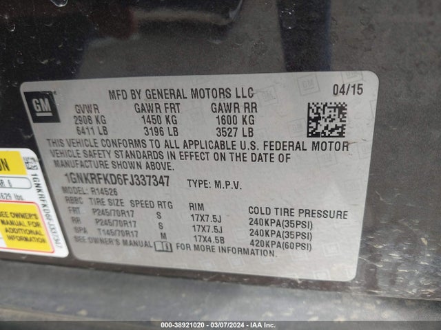 Chevrolet Traverse Ls 2015 1GNKRFKD6FJ337347 Image 9