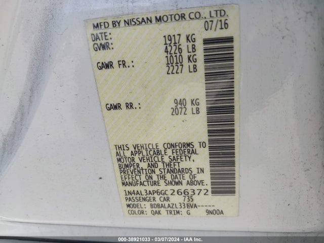 Nissan ALTIMA 2.5 2016 1N4AL3AP6GC266372 Image 9