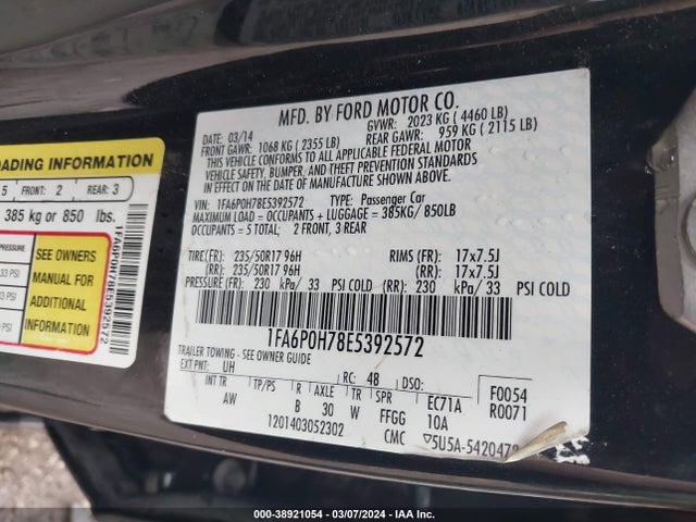 Ford FUSION SE 2014 1FA6P0H78E5392572 Image 9