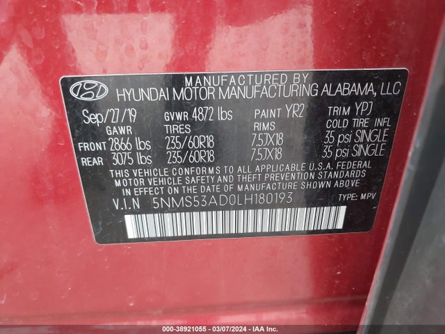 Hyundai Santa Fe Limited 2020 5NMS53AD0LH180193 Image 9