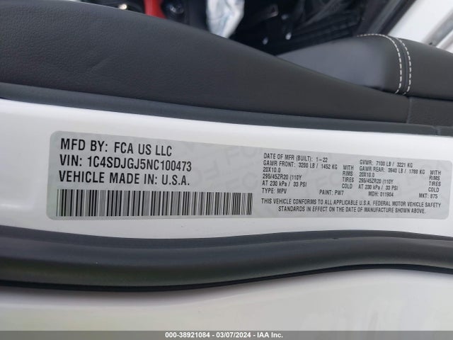 1C4SDJGJ5NC100473 Dodge Durango Srt 392 Awd