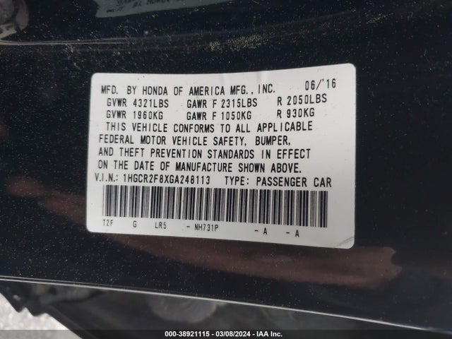 Honda Accord Ex-l 2016 1HGCR2F8XGA248113 Image 9