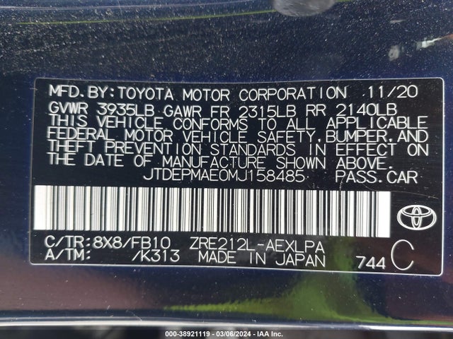 Toyota COROLLA LE 2021 JTDEPMAE0MJ158485 Image 9