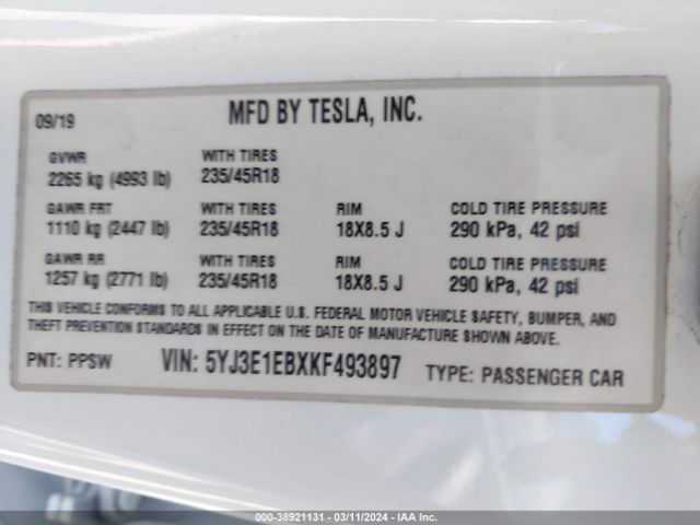 5YJ3E1EBXKF493897 Tesla Model 3 Long Range/performance