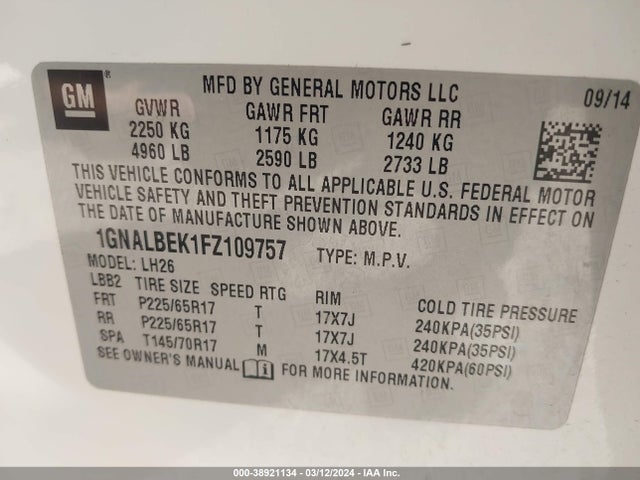 Chevrolet EQUINOX 1LT 2015 1GNALBEK1FZ109757 Image 9