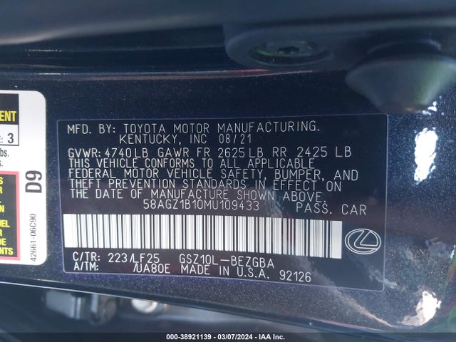 58AGZ1B10MU109433 Lexus Es 350 F Sport