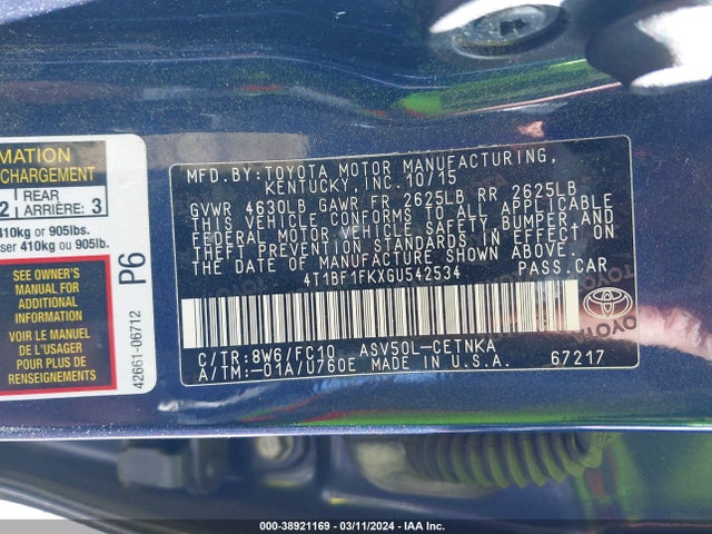 Toyota CAMRY LE 2016 4T1BF1FKXGU542534 Image 9