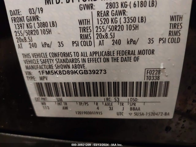 Ford EXPLORER XLT 2019 1FM5K8D89KGB39273 Image 9