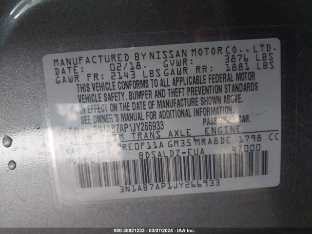 Nissan SENTRA SV 2018 3N1AB7AP1JY266933 Image 9
