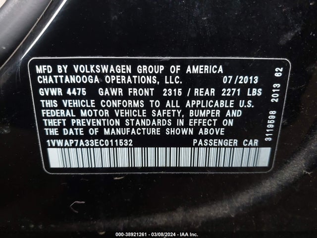 Volkswagen Passat 2.5l Wolfsburg Edition 2014 1VWAP7A33EC011532 Image 9