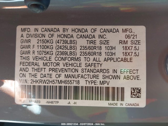 Honda Cr-v Awd Ex 2021 2HKRW2H57MH655718 Image 9
