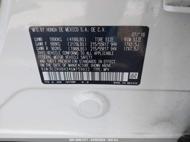 Honda HR-V LX 2016 3CZRU6H34GM759622 Image 9
