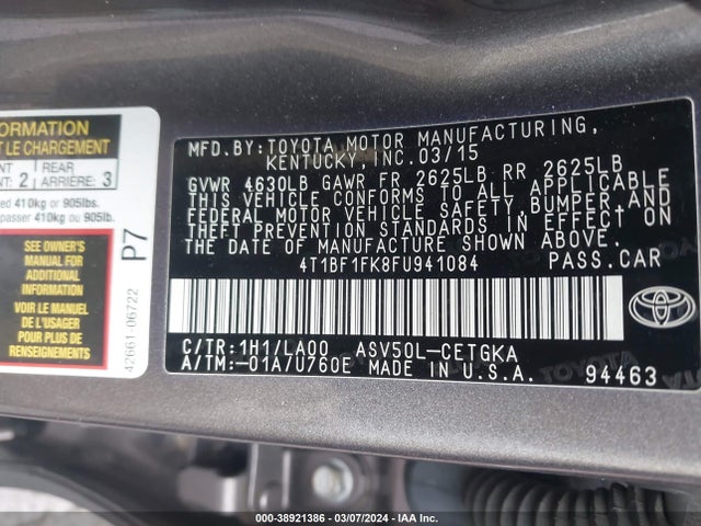 Toyota CAMRY XLE 2015 4T1BF1FK8FU941084 Image 9