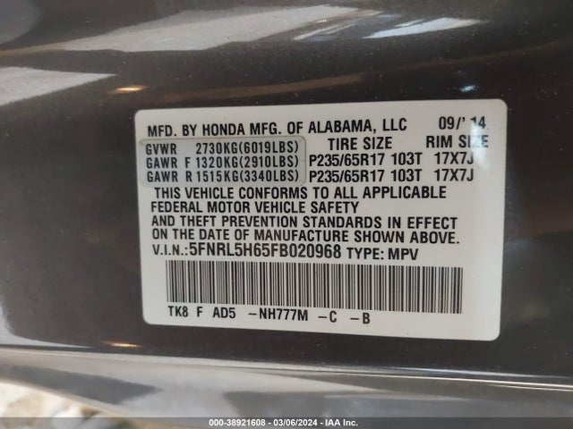 Honda Odyssey Ex-l 2015 5FNRL5H65FB020968 Image 9