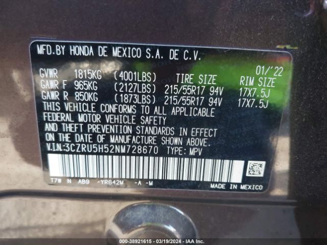 3CZRU5H52NM728670 Honda Hr-v 2wd Ex