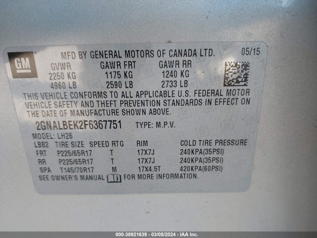 Chevrolet EQUINOX 1LT 2015 2GNALBEK2F6367751 Image 9