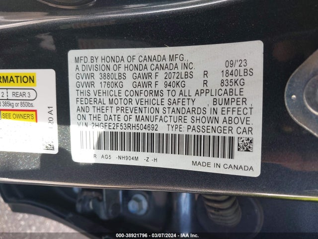 Honda Civic Sport 2024 2HGFE2F53RH504692 Image 9