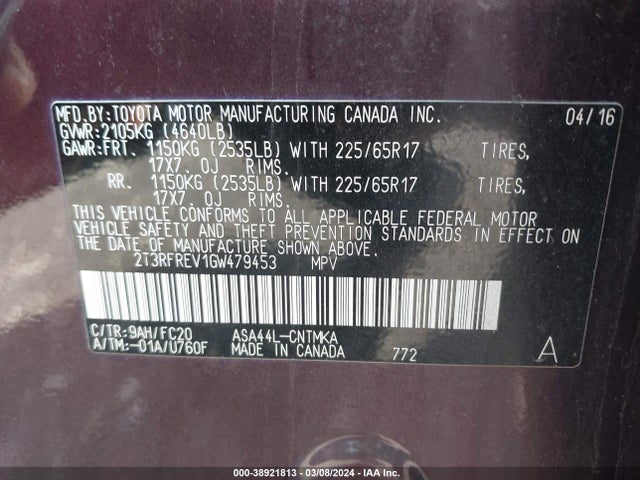 Toyota Rav4 Xle 2016 2T3RFREV1GW479453 Image 9