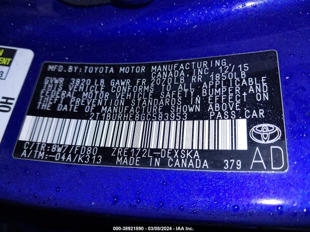 Toyota Corolla S Plus 2016 2T1BURHE8GC583953 Image 9
