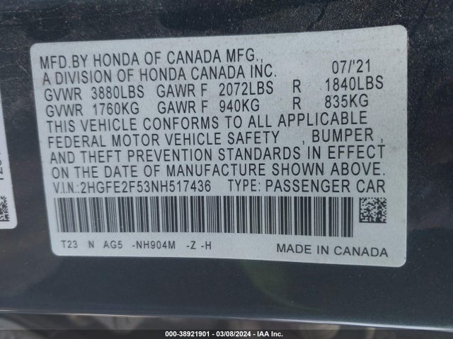 Honda Civic Sport 2022 2HGFE2F53NH517436 Image 9
