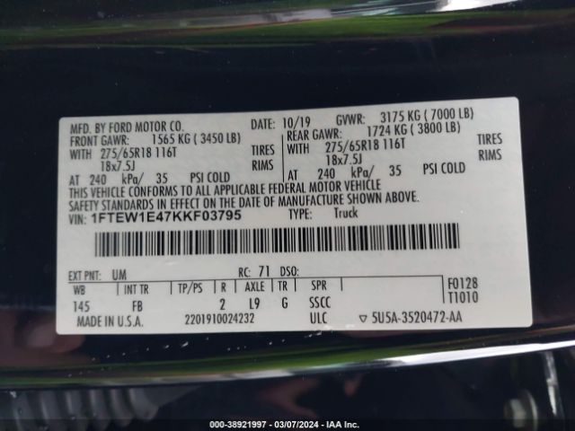1FTEW1E47KKF03795 Ford F-150 Xlt