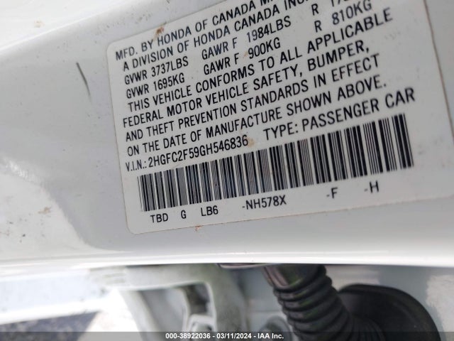 Honda Civic Lx 2016 2HGFC2F59GH546836 Image 9