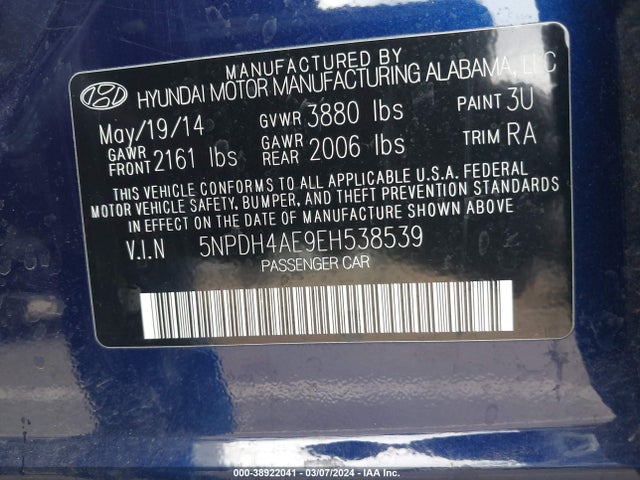 Hyundai ELANTRA SE 2014 5NPDH4AE9EH538539 Image 9