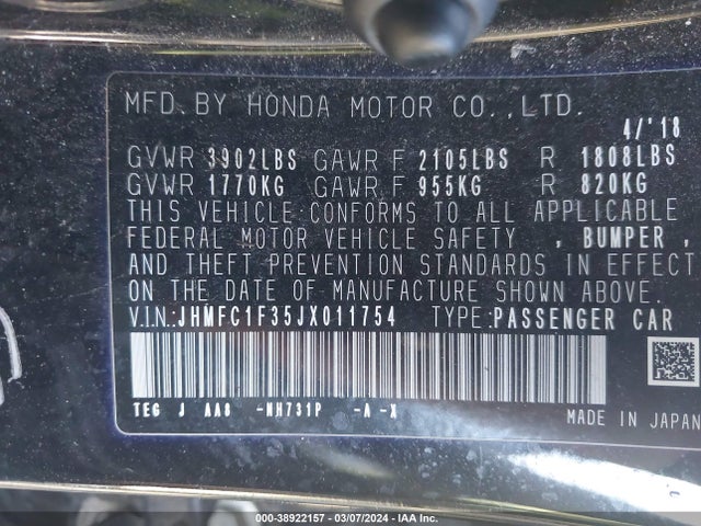 Honda Civic Ex-t 2018 JHMFC1F35JX011754 Image 9