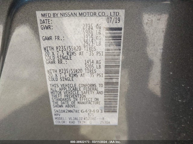 Nissan Pathfinder Platinum 2019 5N1DR2MN7KC649493 Image 9