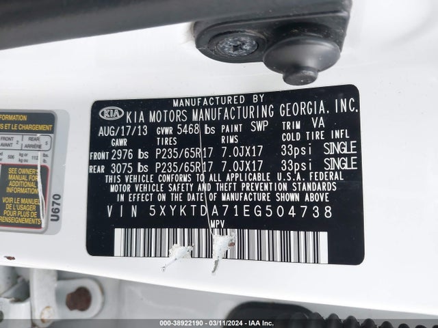 KIA Sorento Lx V6 2014 5XYKTDA71EG504738 Image 9