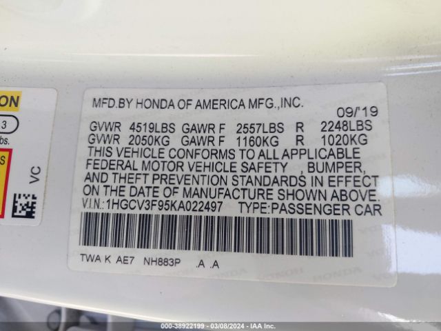 1HGCV3F95KA022497 Honda Accord Hybrid Touring