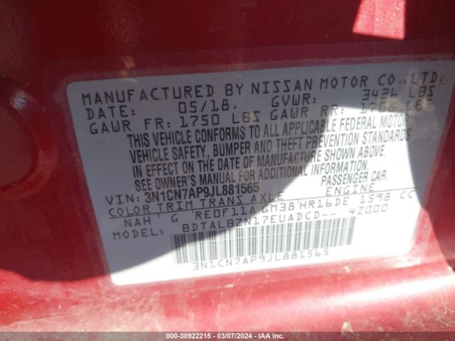 3N1CN7AP9JL881565 Nissan Versa 1.6 Sv