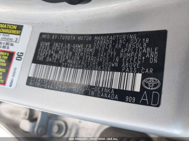 2T1BURHE0JC086306 Toyota COROLLA LE