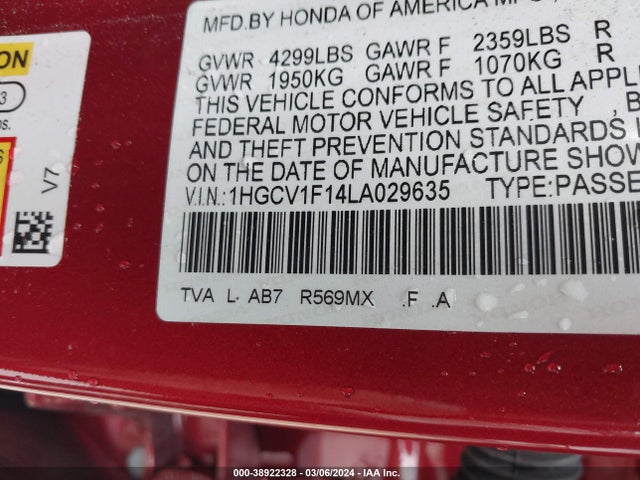 Honda ACCORD LX 2020 1HGCV1F14LA029635 Image 9