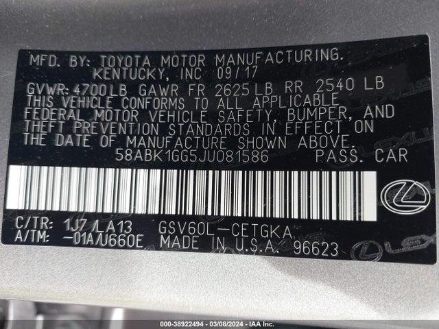 Lexus ES 350 2018 58ABK1GG5JU081586 Image 9
