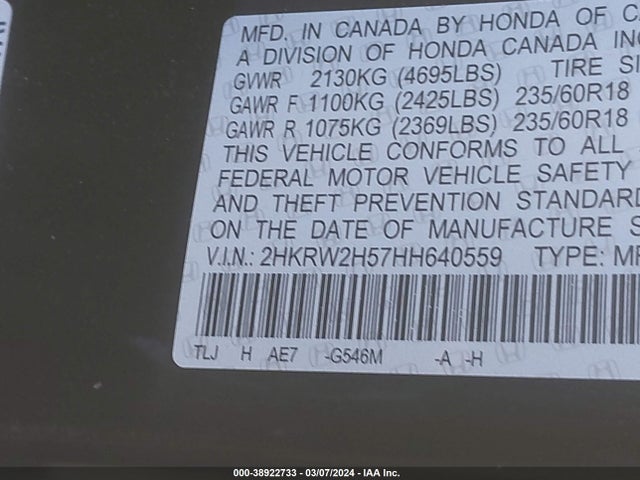 Honda CR-V EX 2017 2HKRW2H57HH640559 Image 9