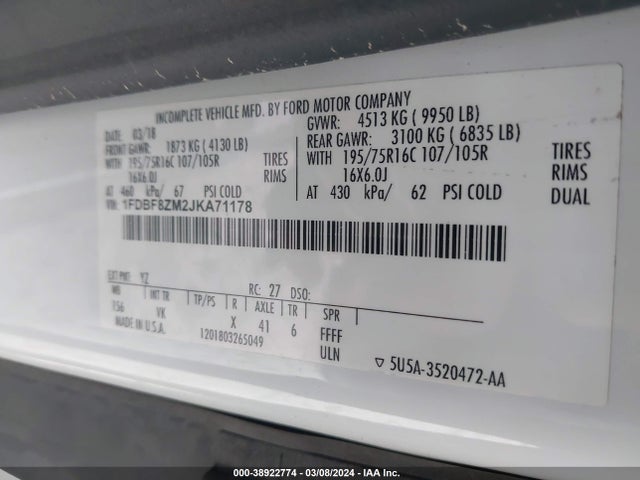 Ford Transit-350 Cab 2018 1FDBF8ZM2JKA71178 Image 9