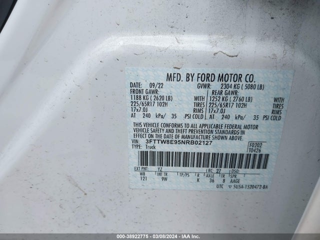 Ford Maverick Lariat/xl/xlt 2022 3FTTW8E95NRB02127 Image 9