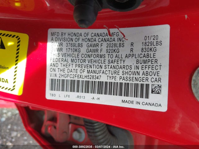 Honda Civic Lx 2020 2HGFC2F6XLH528347 Image 9