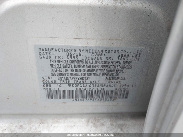 Nissan Sentra Fe+ S 2015 3N1AB7AP8FY292131 Image 9