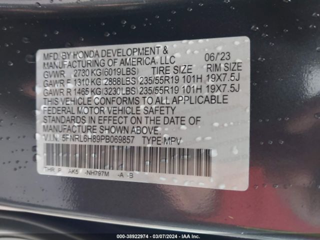 5FNRL6H89PB069857 Honda Odyssey Touring