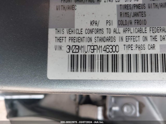 3MZBM1U79FM146300 Mazda Mazda3 I Sport