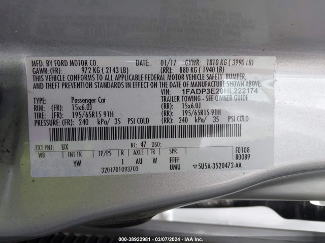 Ford FOCUS S 2017 1FADP3E20HL222174 Image 9