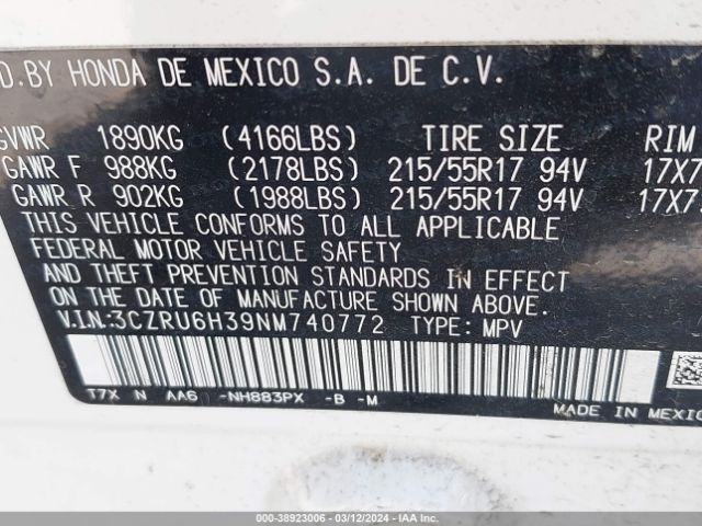 3CZRU6H39NM740772 Honda Hr-v Awd Lx