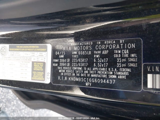 KIA SEDONA LX 2016 KNDMB5C16G6094437 Image 9