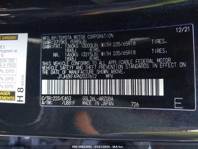 JTJHZKFA9N2037612 Lexus Rx 350l