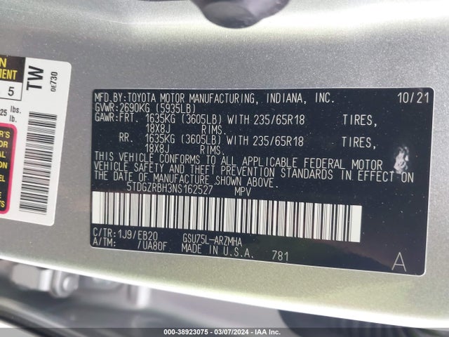 Toyota Highlander Xle 2022 5TDGZRBH3NS162527 Image 9